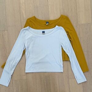 Old Navy Girls Long Sleeve Ribbed Ultralite Go-Dry Tees Pale Blue & Mustard